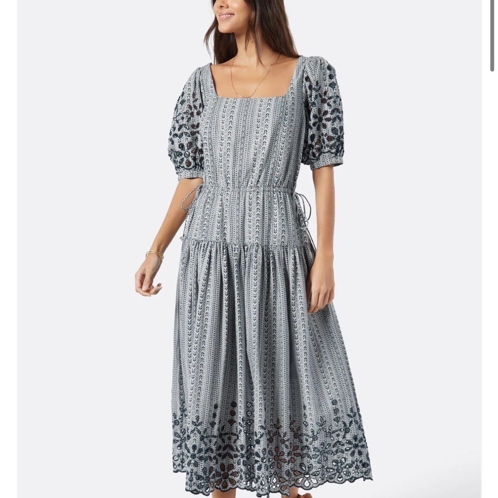Joie Nashua Maxi Dress Linen Eyelet Floral Blue Tie Size XXS NWT